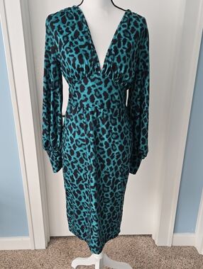 SHEIN EMERALD GREEN Black Leopard Print Long Sleeve Bodycon V-Neck Midi Dress L